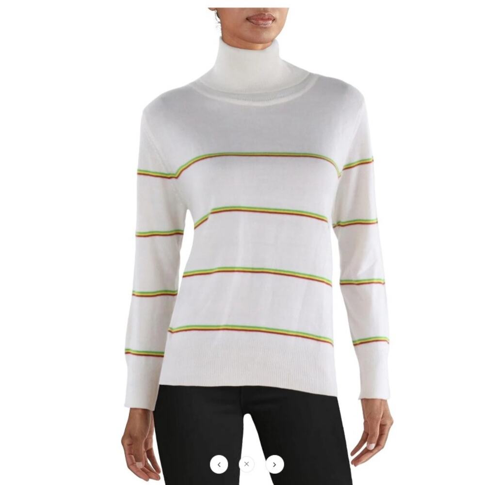 NWT Madeleine Thompson White Striped‎ Turtleneck Sweater Red Yellow Green Small